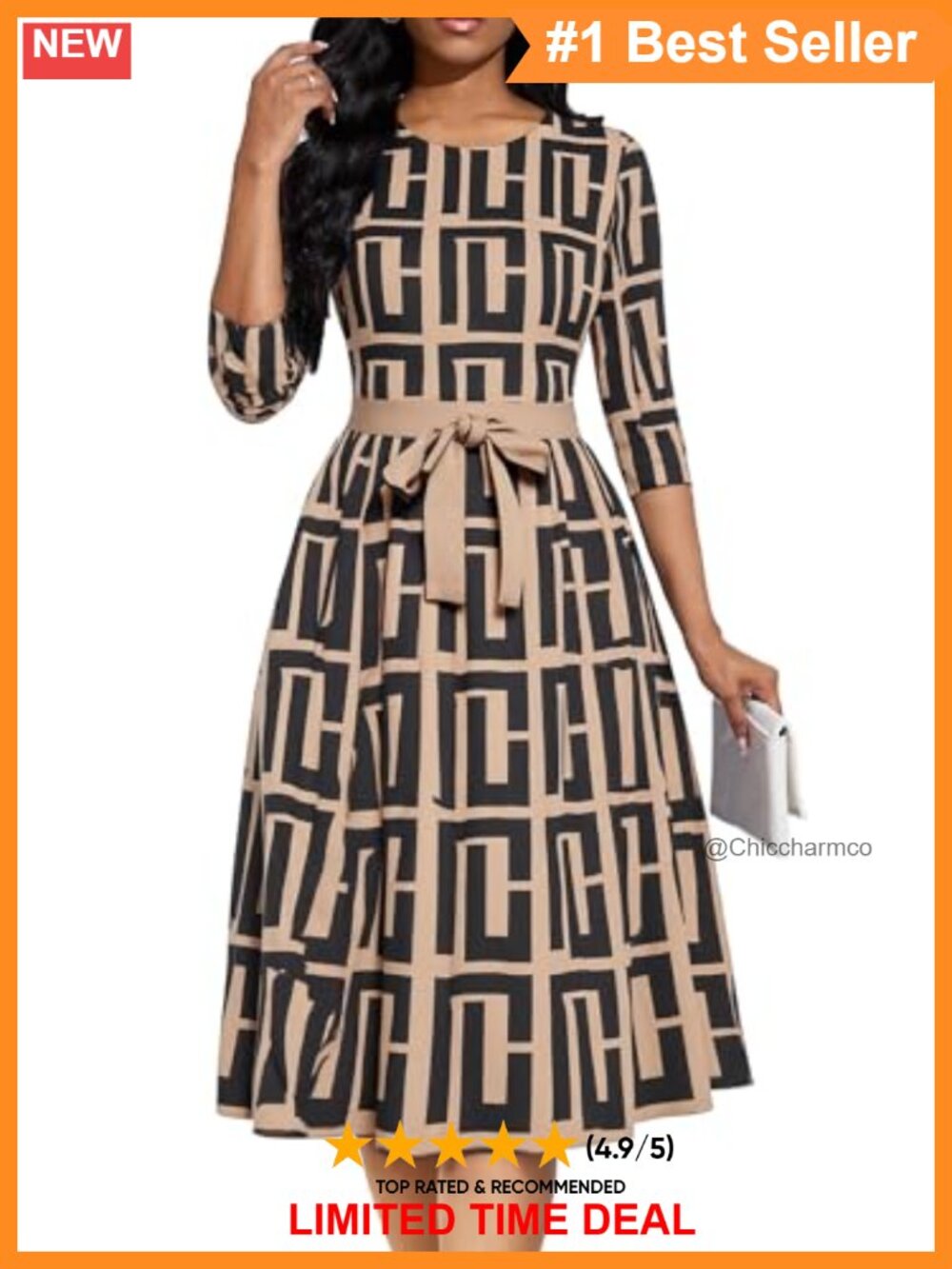 A-Line Midi Dress 3/4 Sleeve Crewneck Flare Fit Casual Church Party